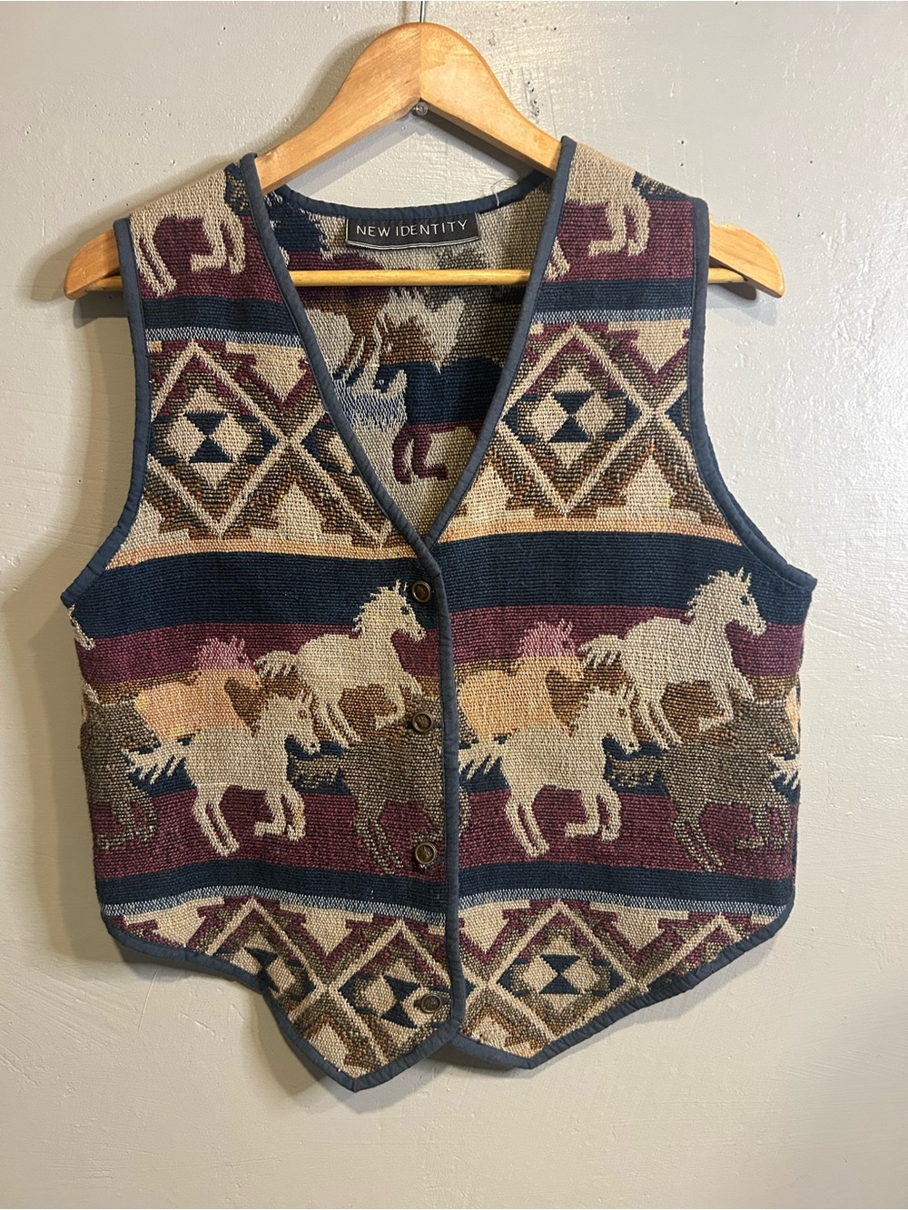 New Identity Southwestern Horse Tapestry Vest - Navy & Burgundy